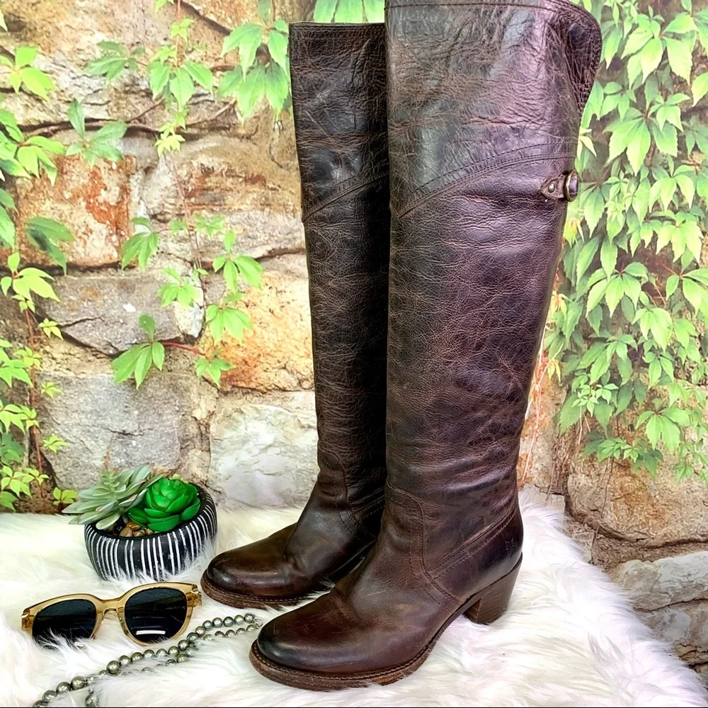 FRYE Classic Brown Jane Tall Cuff OTK Heeled Distressed Leather Boots, 6.5B